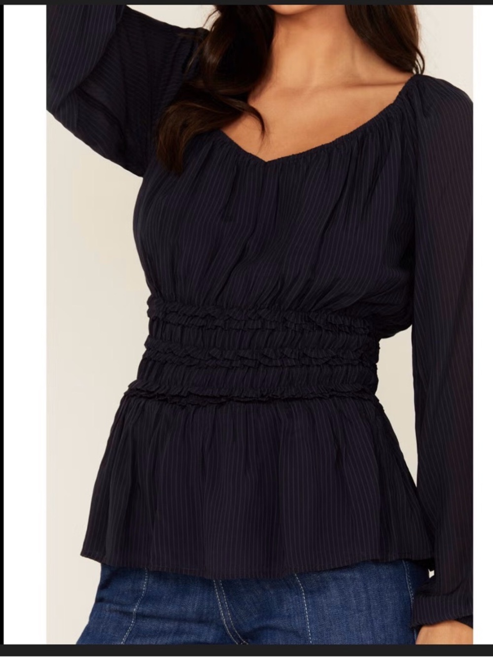 Shyanne Navy Pinstripe Smocked-Waist Peplum Blouse Sz L GUC